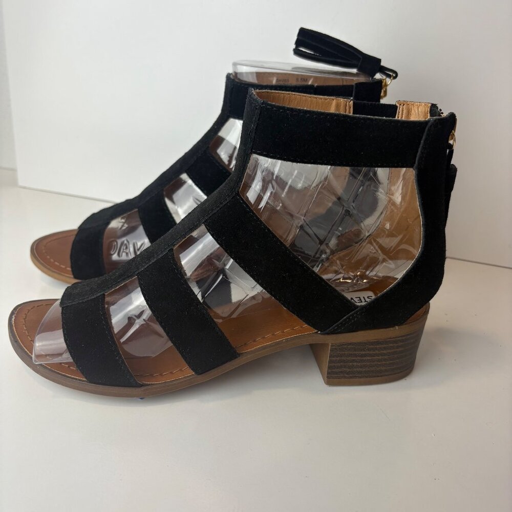 Steve Madden Womens Black Suede Open Toe  8.5M Sandals Block Heel Zipper‎ Tassel